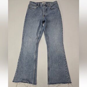 Anine Bing Lara Kickflare Crop Jean Blue Button Fly Raw Hem Size 30 Womens